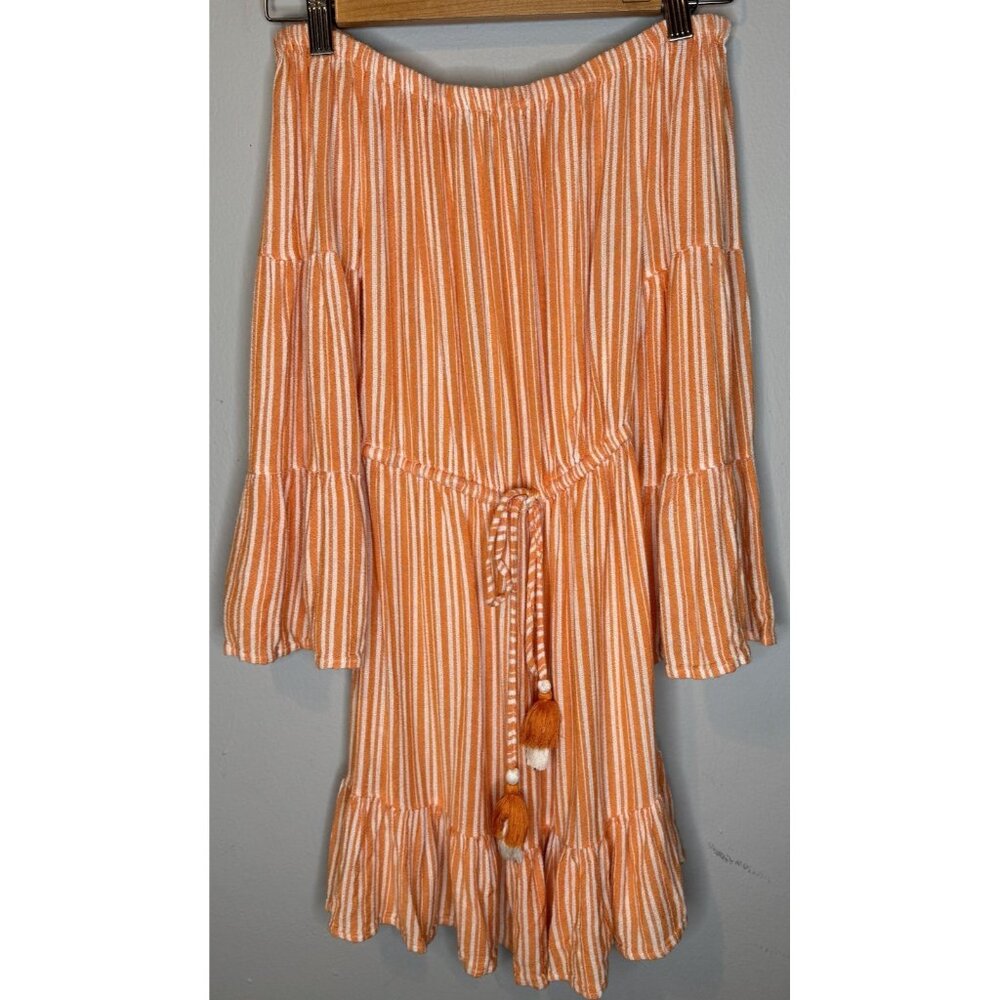 Blue Island Swim Coverup Dress XS Orange White Striped Bell Sleeve Off Shoulder